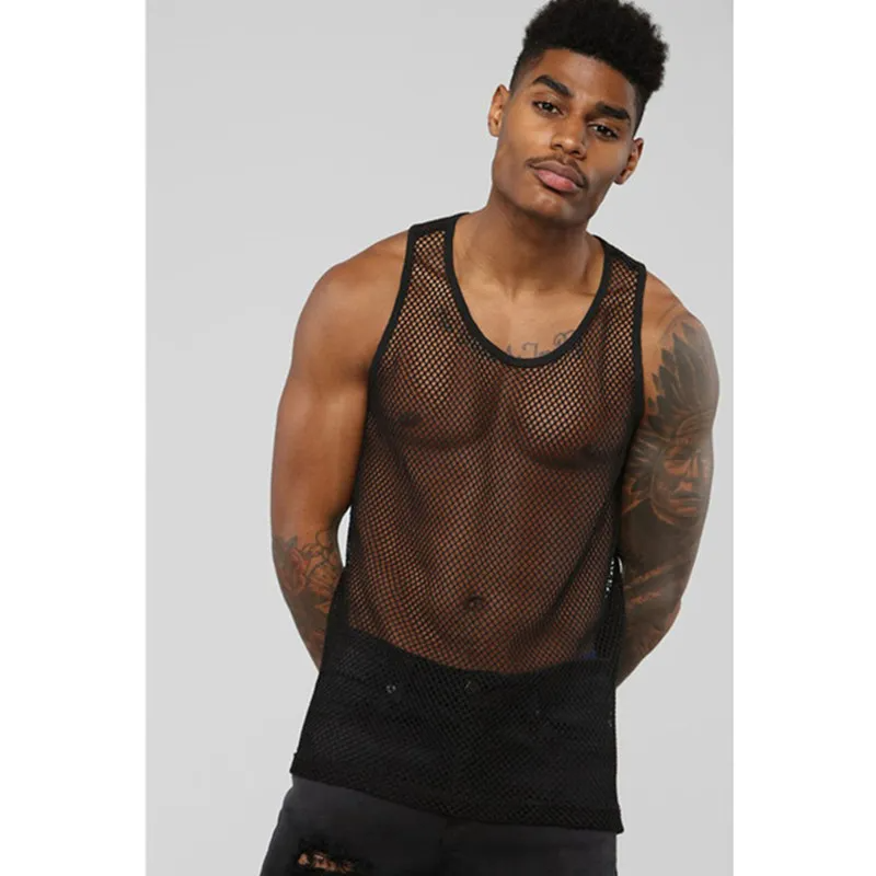 Men Casual Solid Color Sexy Mesh Hollow Transparent Vest
