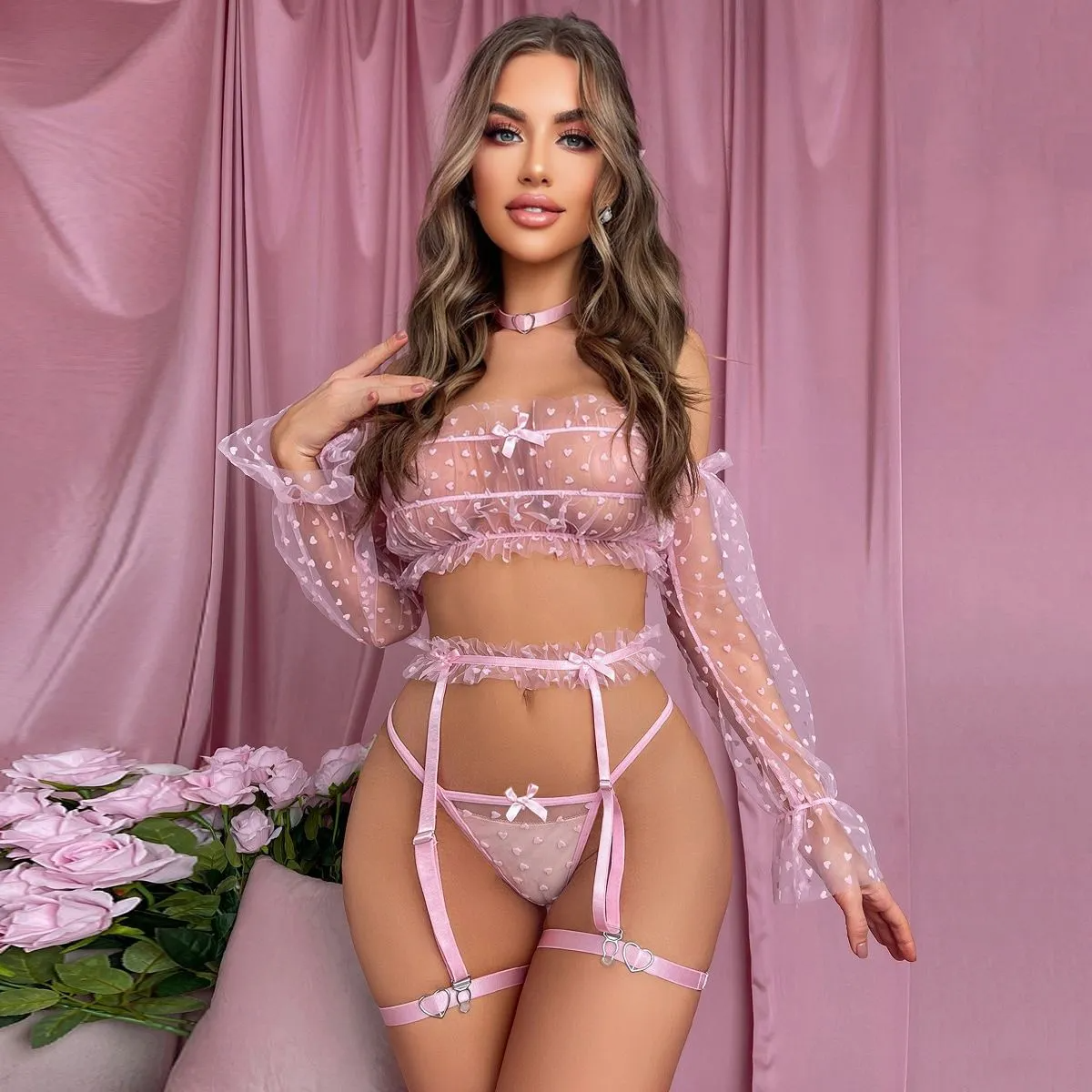 Women Fashion Love Mesh Perspective Backless Sexy Lingerie Set