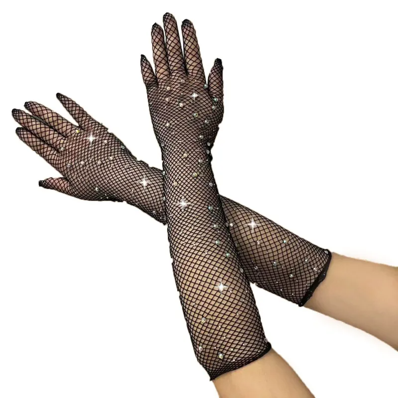 Women Fashion Hot Drilling Fishing Net Black Stretch Color Gloves