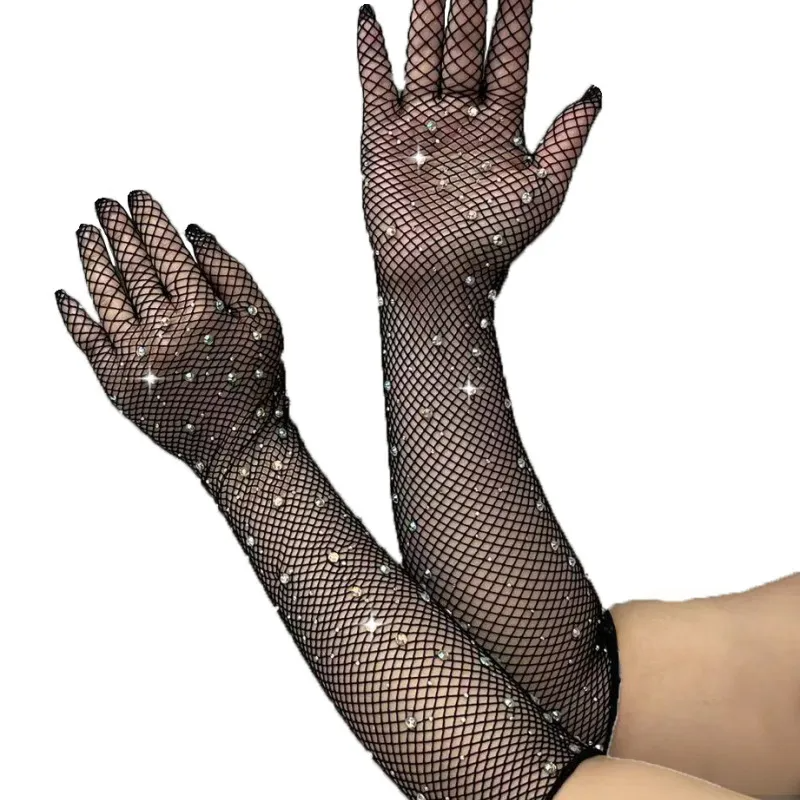 Women Fashion Hot Drilling Fishing Net Black Stretch Color Gloves