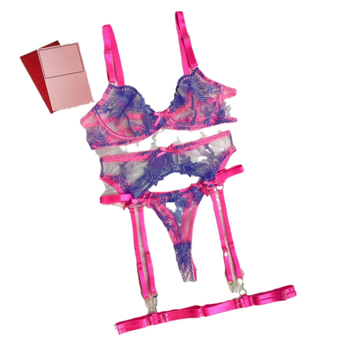 Women Fashion Mesh Embroidery Metal Chain Sexy Lingerie Four-Piece Set