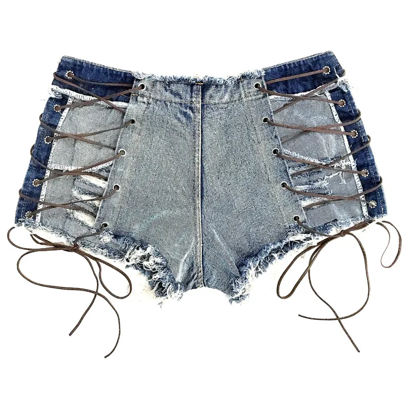 Women Edgy Sexy Summer Night Out Bandage Lace Up High Waist Raw Hem Denim Shorts