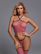 Hot Selling Pink Haltered Mesh Nightwear Suit