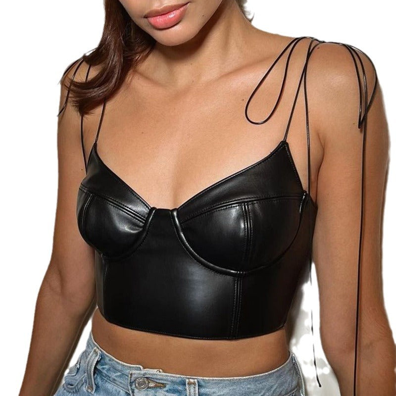 Women Fashion Sexy Pu Leather Spaghetti Strap Crop Top