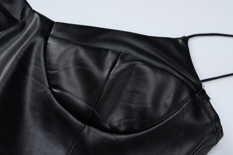Women Fashion Sexy Pu Leather Spaghetti Strap Crop Top