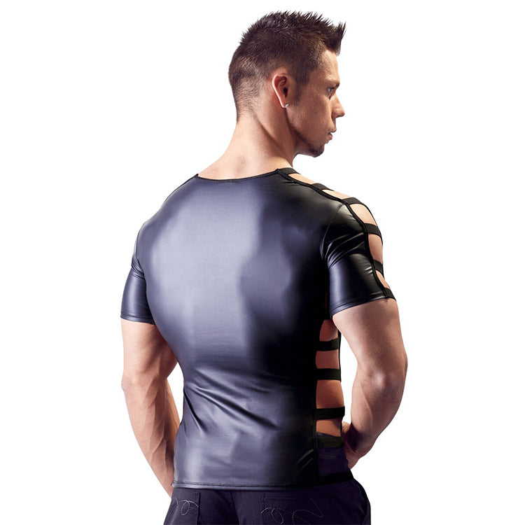 Men Hot Patent Leather Hollowed-out T-shirt