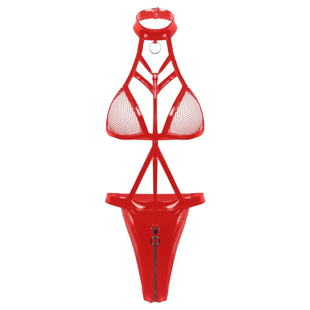 Women Sexy Patent Leather Hollow Chain One-Piece Lingerie