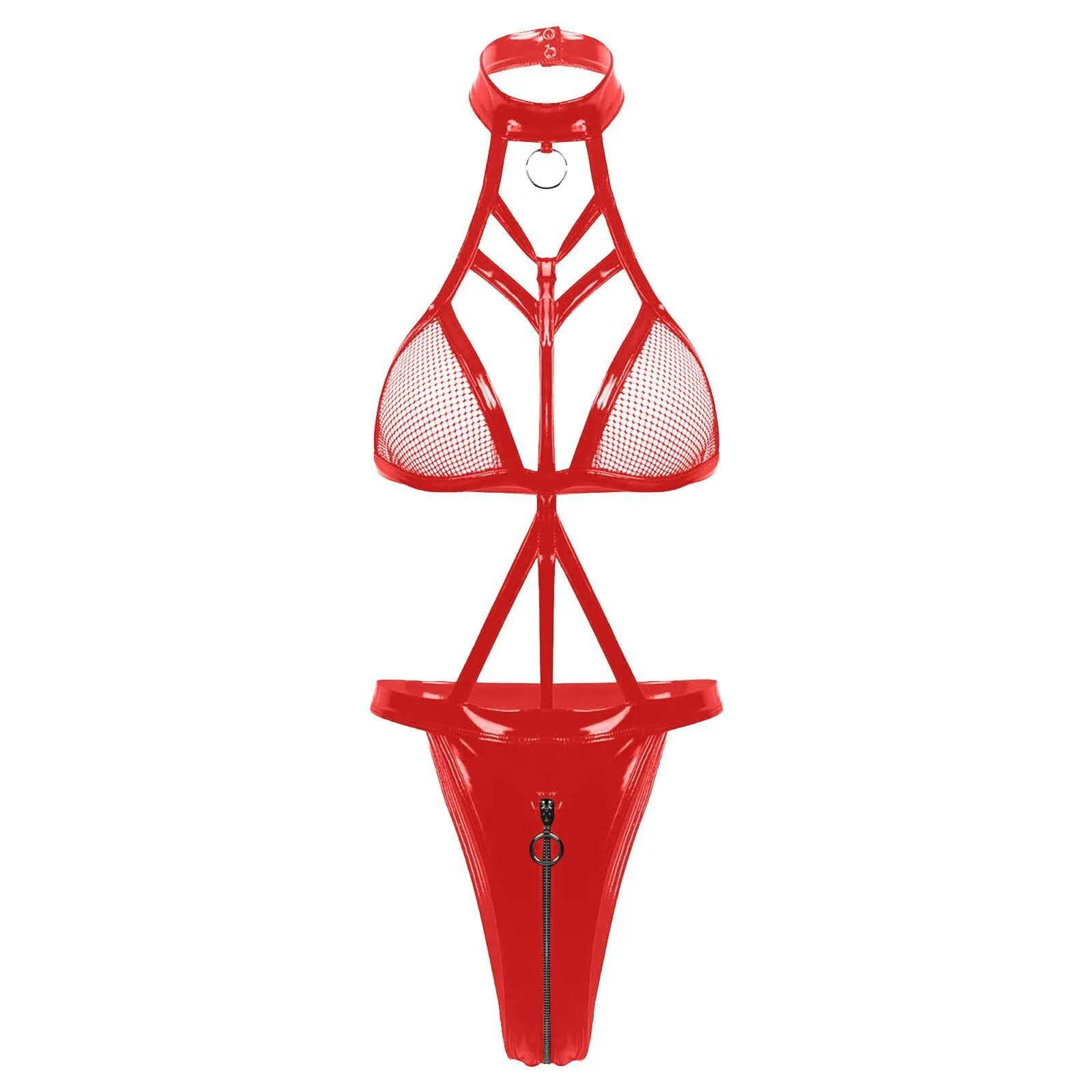 Women Sexy Patent Leather Hollow Chain One-Piece Lingerie