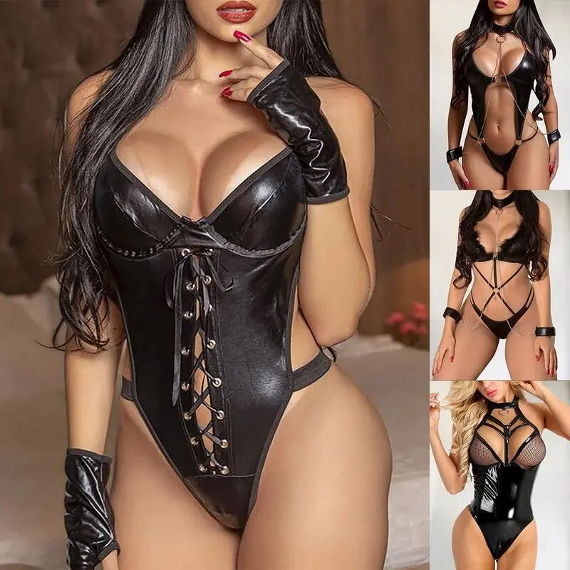 Women Sexy Patent Leather Hollow Chain One-Piece Lingerie