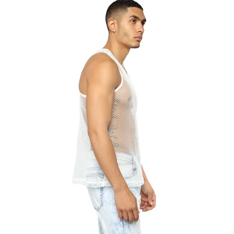 Men Casual Solid Color Sexy Mesh Hollow Transparent Vest