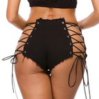 Women Edgy Sexy Summer Night Out Bandage Lace Up High Waist Raw Hem Denim Shorts