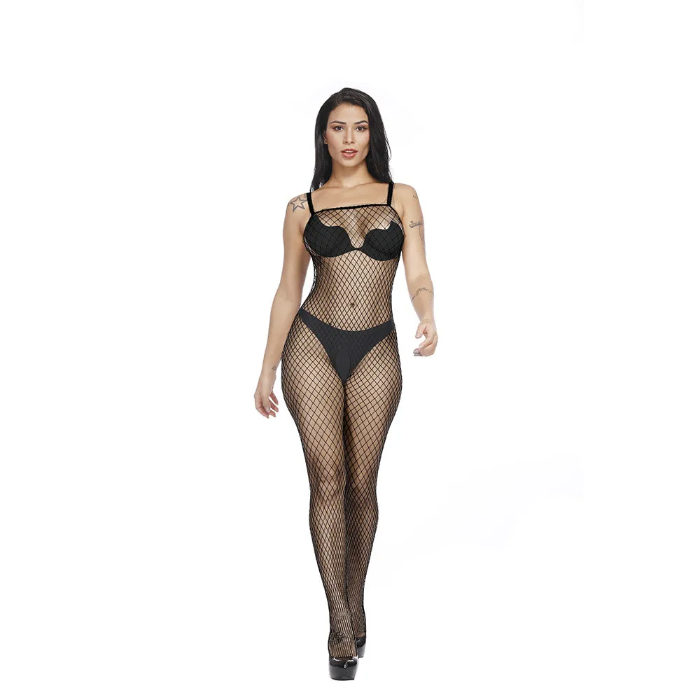 Women Fashion Sexy Hollow Perspective One Piece Stockings Long Sleeve Suspender Lingerie