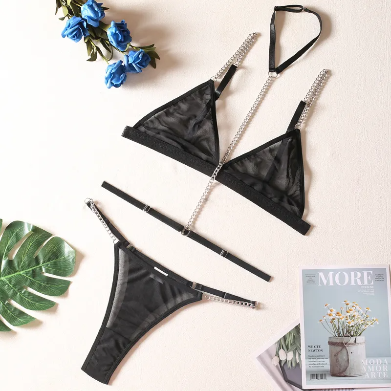 Women Fashion Sexy Metal Chain Without Steel Ring Mesh Perspective Sexy Underwear With Neck Ring Three-Piece Set