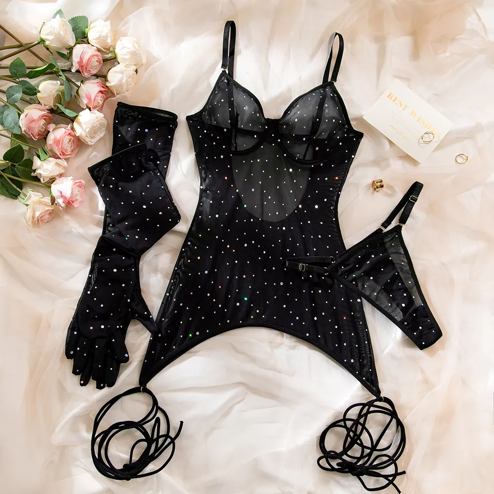 Women Fashion Solid Color Sequins Mesh Perspective Steel Ring Sexy Lingerie Set