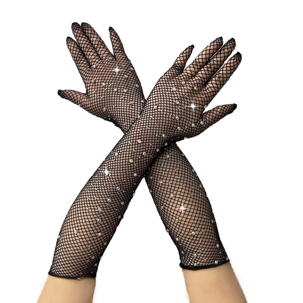 Women Fashion Hot Drilling Fishing Net Black Stretch Color Gloves