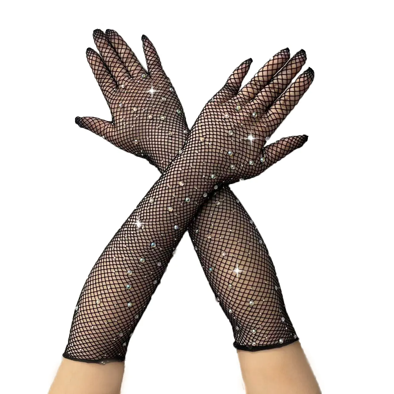 Women Fashion Hot Drilling Fishing Net Black Stretch Color Gloves