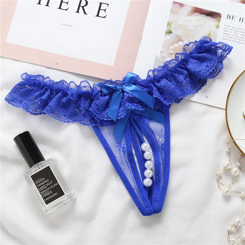 Women Sexy Solid Color Lace Pearl Thong