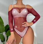 Women Fashion Sexy Hot Rhinestone Shiny Long Sleeve Bodysuits