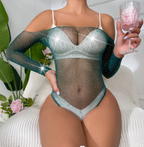 Women Fashion Sexy Hot Rhinestone Shiny Long Sleeve Bodysuits