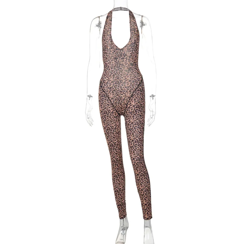 Women Summer Leopard Printed Sexy V-Neck Backless Slim Halter Neck Jumpsuits