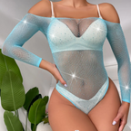 Women Fashion Sexy Hot Rhinestone Shiny Long Sleeve Bodysuits