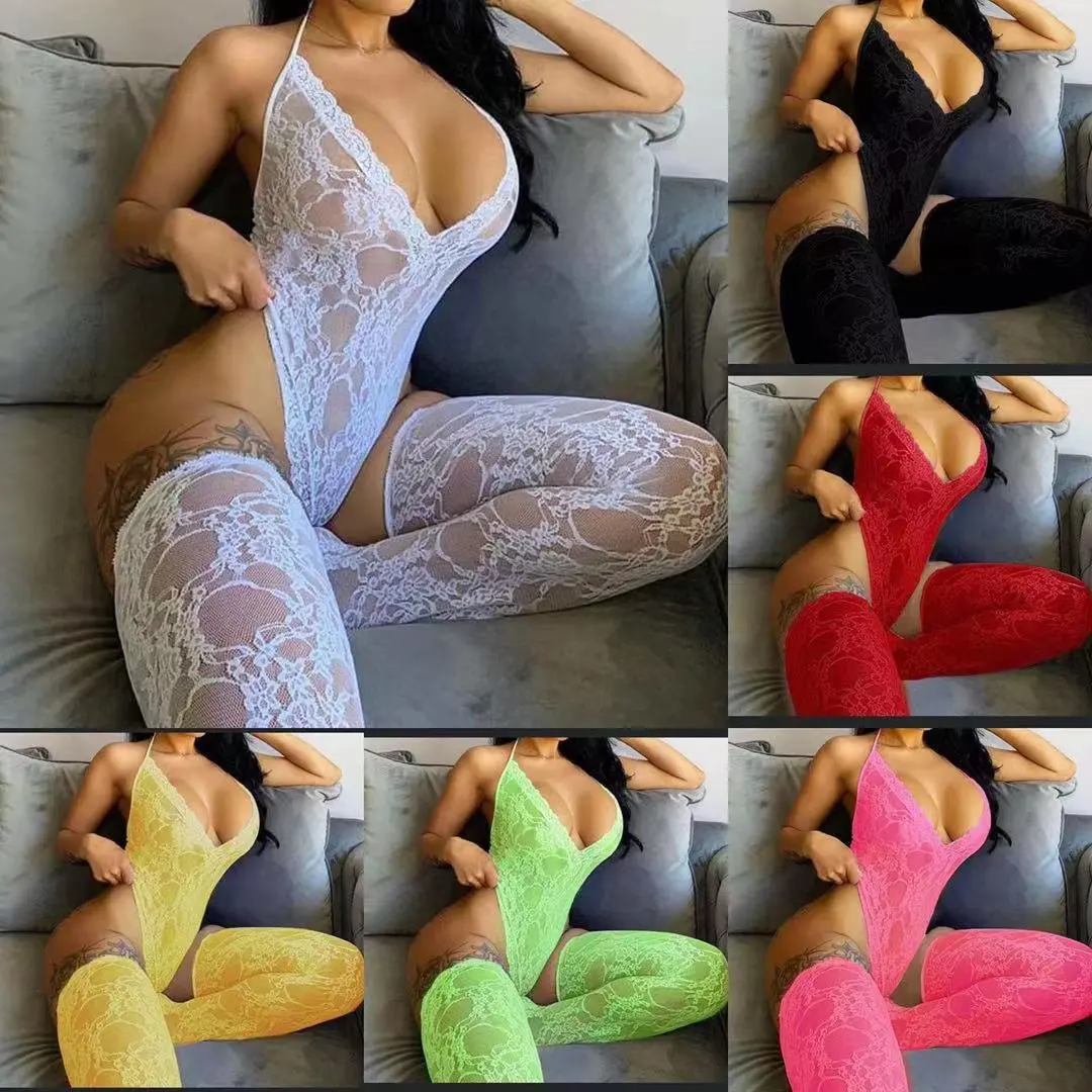 Women Fashion Sexy Deep VHalter Neck Sexy Underwear Stockings Set