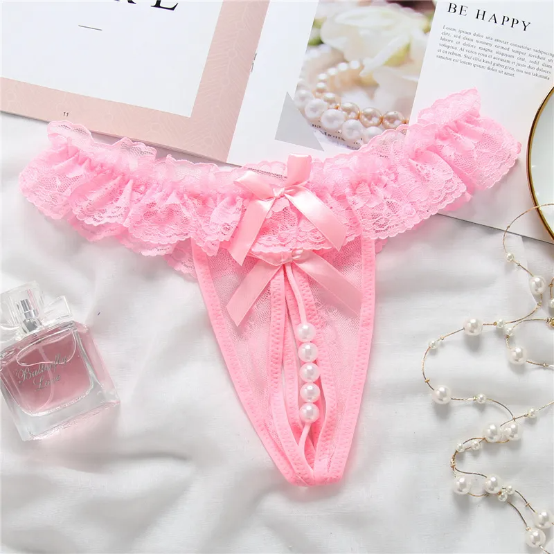 Women Sexy Solid Color Lace Pearl Thong
