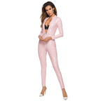 Women Basic Long Sleeves Zipper Solid Color Bodycon PU Leather Jumpsuits