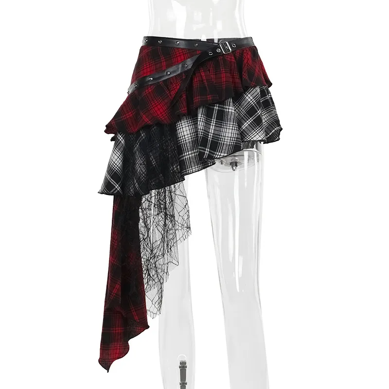 Gothic Women Fashion Plaid Printed Irregular Mesh Stitching Skirt