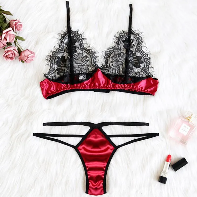 Women Fashion Sexy Hollow Lace Perspective Lingerie Set