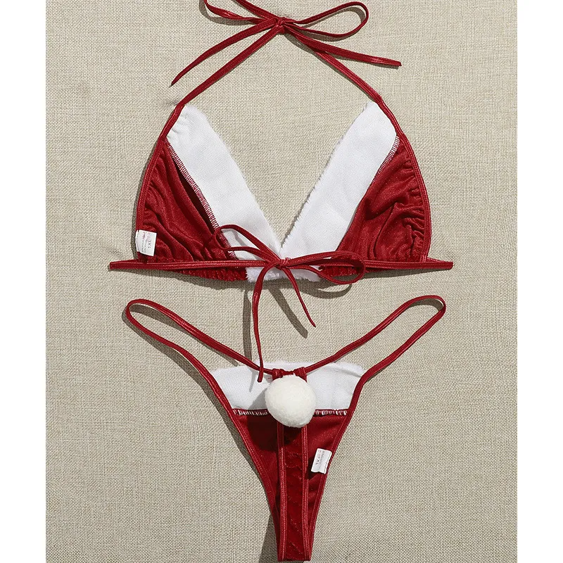 Women Sexy Christmas Halter Neck Lace-Up Bra Panty Set