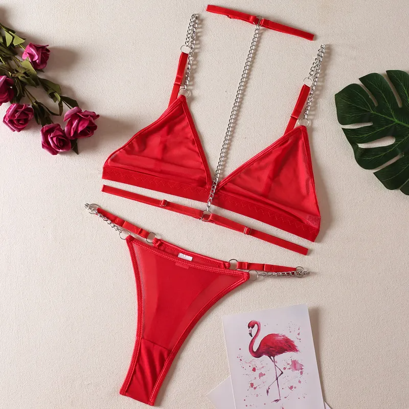 Women Fashion Sexy Metal Chain Without Steel Ring Mesh Perspective Sexy Underwear With Neck Ring Three-Piece Set