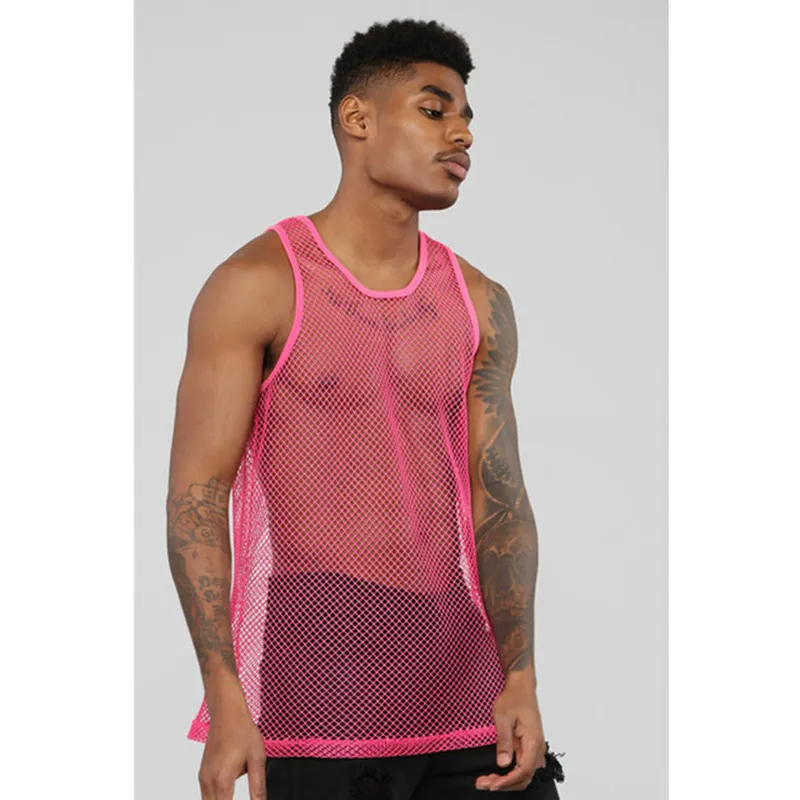 Men Casual Solid Color Sexy Mesh Hollow Transparent Vest