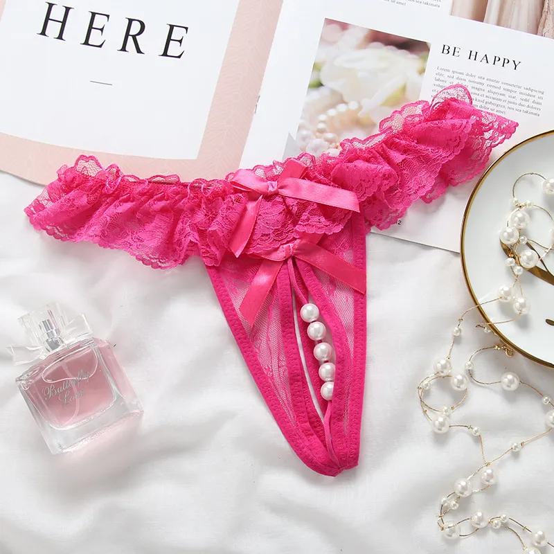 Women Sexy Solid Color Lace Pearl Thong
