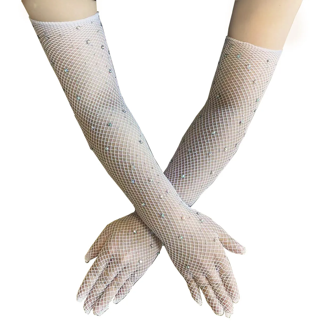 Women Fashion Hot Drilling Fishing Net Black Stretch Color Gloves