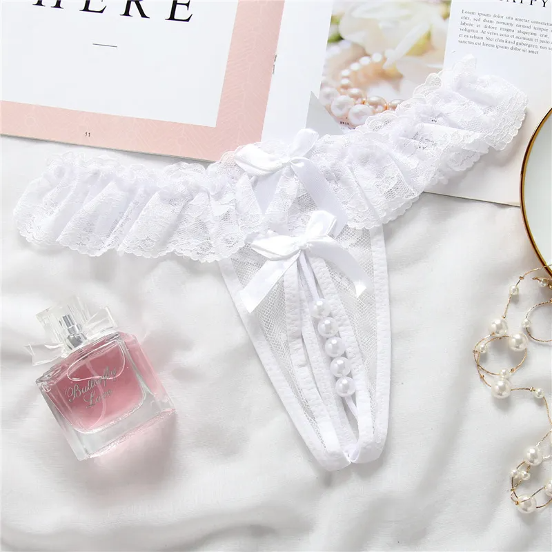 Women Sexy Solid Color Lace Pearl Thong