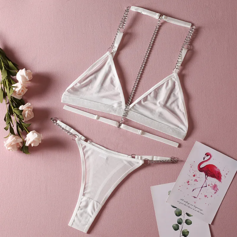 Women Fashion Sexy Metal Chain Without Steel Ring Mesh Perspective Sexy Underwear With Neck Ring Three-Piece Set