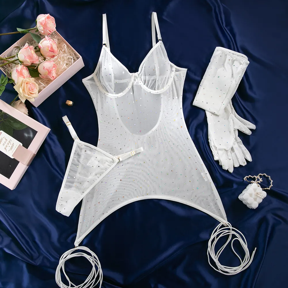 Women Fashion Solid Color Sequins Mesh Perspective Steel Ring Sexy Lingerie Set