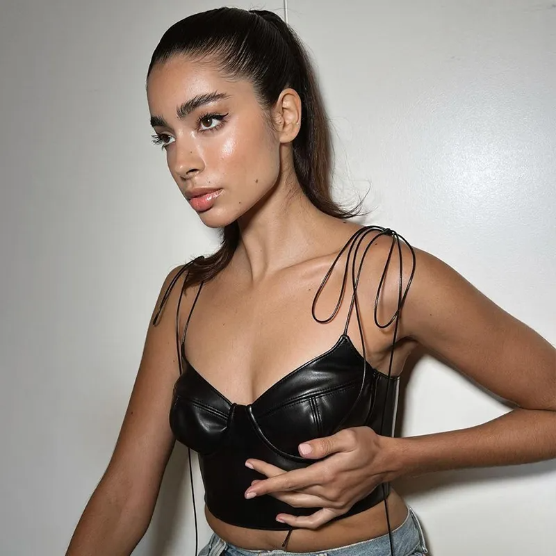Women Fashion Sexy Pu Leather Spaghetti Strap Crop Top