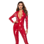 Women Basic Long Sleeves Zipper Solid Color Bodycon PU Leather Jumpsuits