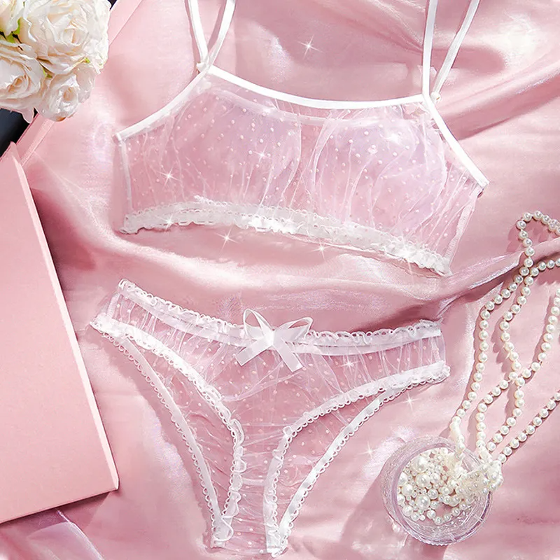 Women Fashion Sexy Perspective Polar Dot Mesh Bow Sexy Lingerie Set