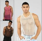 Men Casual Solid Color Sexy Mesh Hollow Transparent Vest
