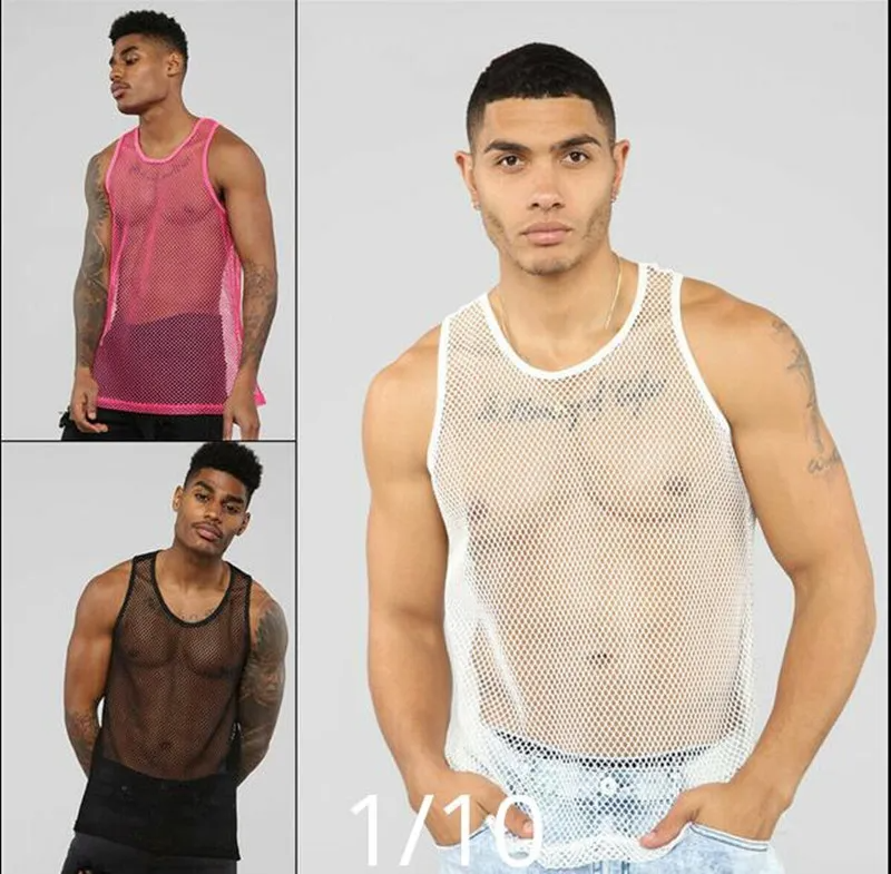 Men Casual Solid Color Sexy Mesh Hollow Transparent Vest