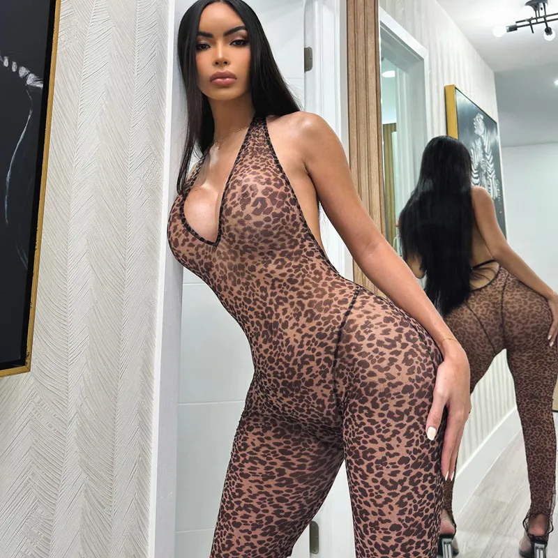 Women Summer Leopard Printed Sexy V-Neck Backless Slim Halter Neck Jumpsuits