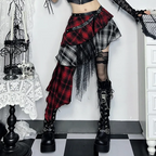 Gothic Women Fashion Plaid Printed Irregular Mesh Stitching Skirt