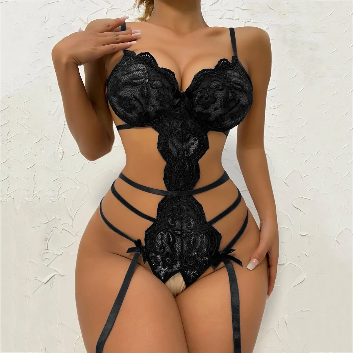 Women Fashionable Sexy Lace Strap Backless Crotch-Free Lingerie Bodysuits