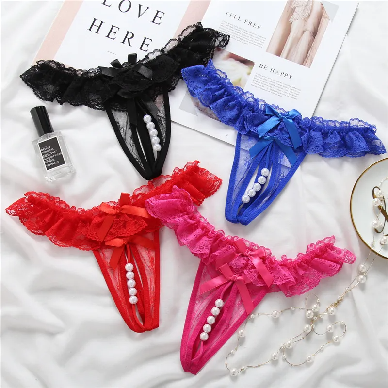 Women Sexy Solid Color Lace Pearl Thong