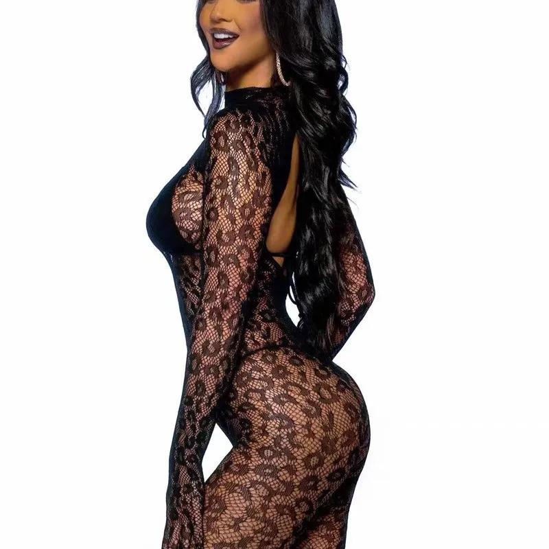 Sexy Lingerie Women Long Sleeve One-Piece Mesh Stockings Leopard See-Through Jumpsuits