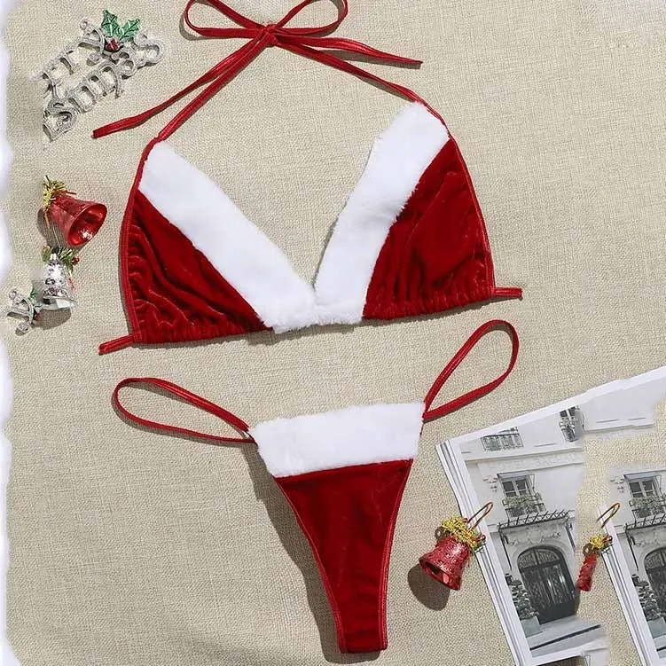 Women Sexy Christmas Halter Neck Lace-Up Bra Panty Set