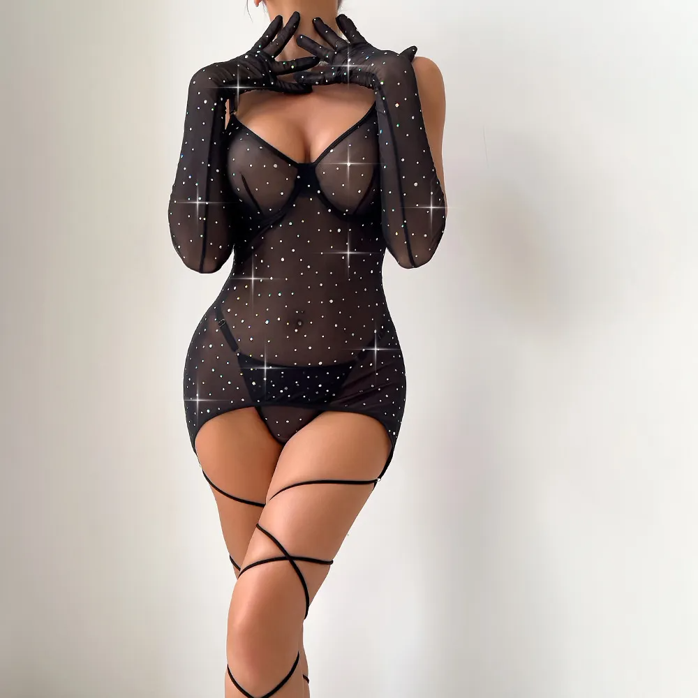 Women Fashion Solid Color Sequins Mesh Perspective Steel Ring Sexy Lingerie Set